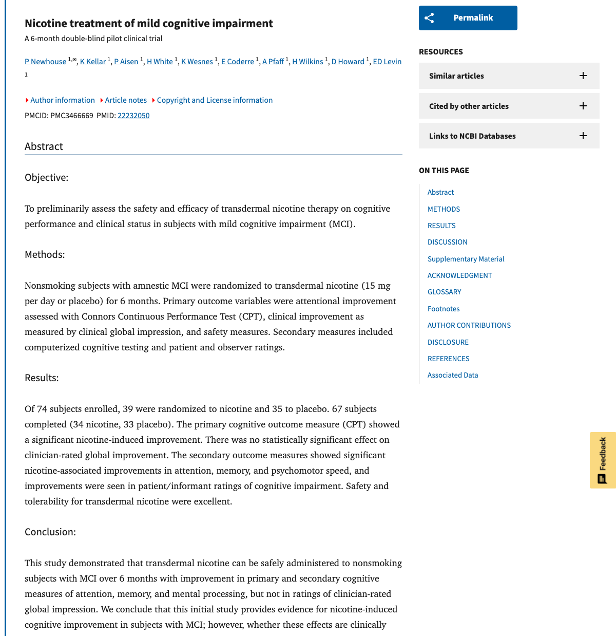 Title and abstract of Nicotine treatment of mild cognitive impairment: A 6-month double-blind pilot clinical trial
