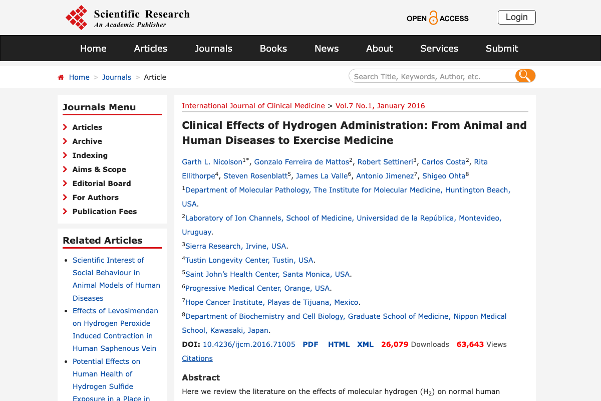Title and abstract of Clinical Effects of Hydrogen Administration: From Animal and Human Diseases to Exercise Medicine