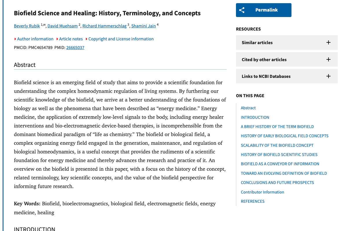 Title and abstract of Biofield Science and Healing: History, Terminology, and Concepts