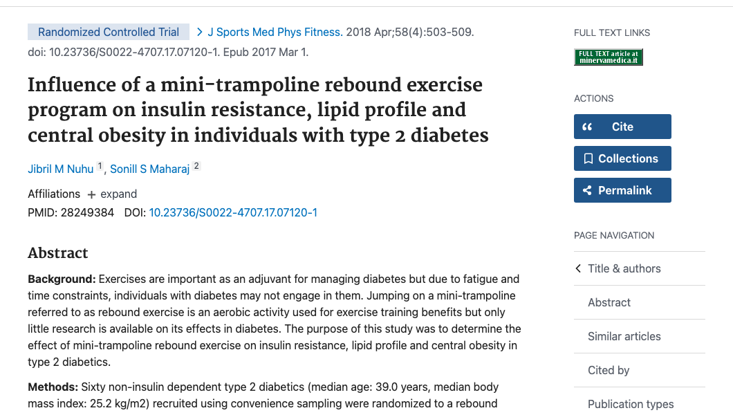 Title and abstract of Influence of a mini-trampoline rebound exercise program on insulin resistance, lipid profile and central obesity in individuals with type 2 diabetes.