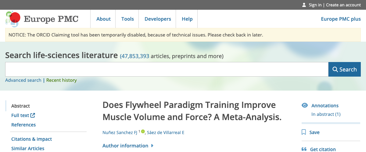 Title and abstract of Does Flywheel Paradigm Training Improve Muscle Volume and Force? A Meta-Analysis.
