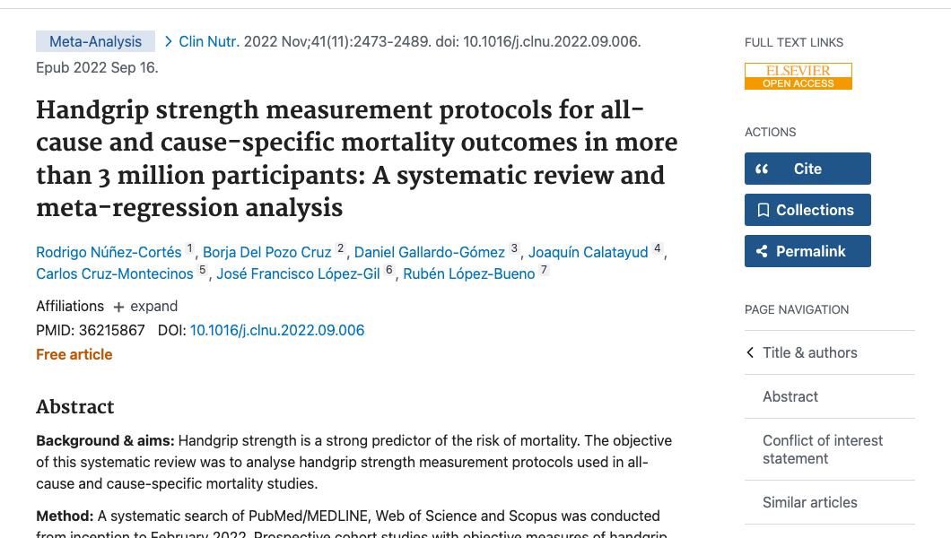 Title and abstract of Handgrip strength measurement protocols for all-cause and cause-specific mortality outcomes in more than 3 million participants: A systematic review and meta-regression analysis.