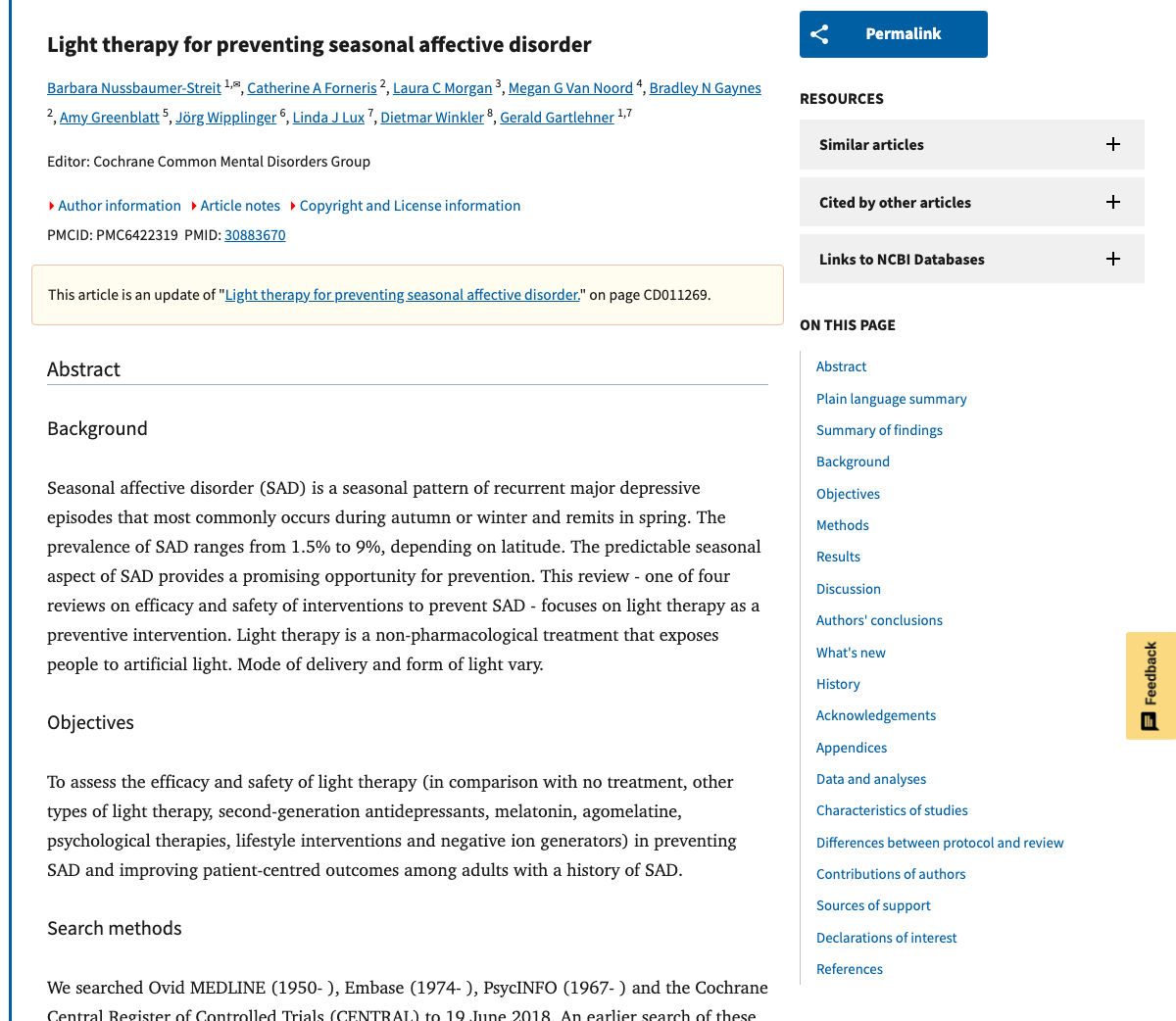 Title and abstract of Light therapy for preventing seasonal affective disorder.