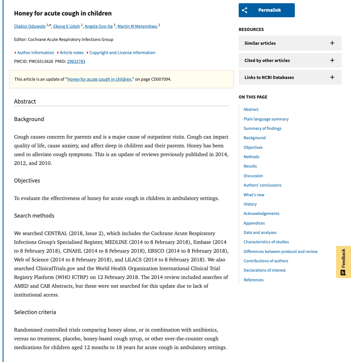 Title and abstract of Honey for acute cough in children