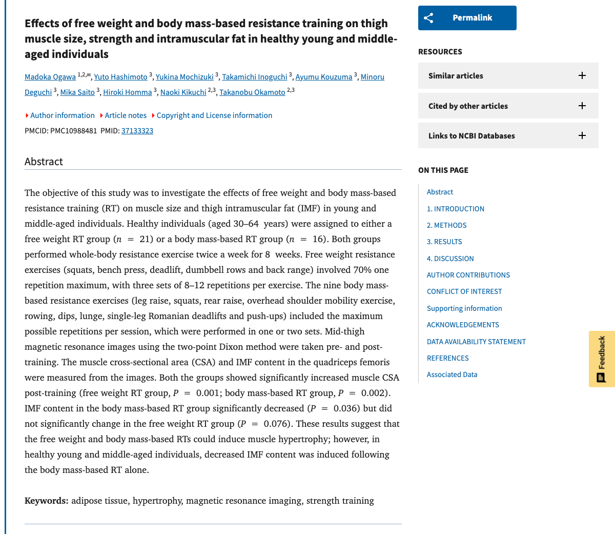 Title and abstract of Effects of free weight and body mass-based resistance training on thigh muscle size, strength and intramuscular fat in healthy young and middle-aged individuals.