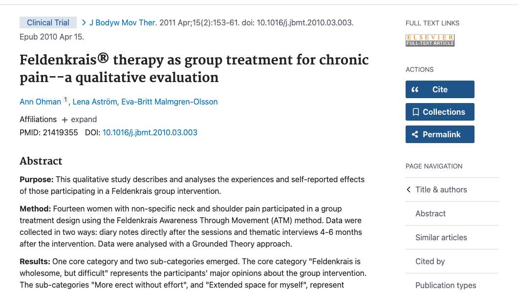 Title and abstract of Feldenkrais therapy as group treatment for chronic pain - a qualitative evaluation