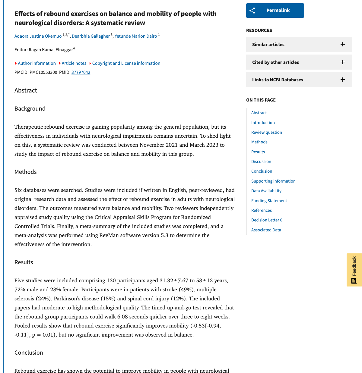 Title and abstract of Effects of rebound exercises on balance and mobility of people with neurological disorders: A systematic review.