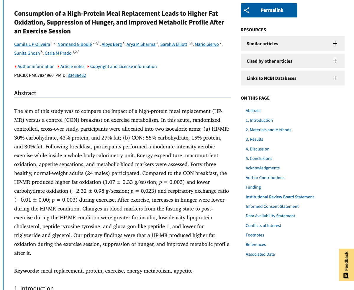 Title and abstract of Consumption of a High-Protein Meal Replacement Leads to Higher Fat Oxidation, Suppression of Hunger, and Improved Metabolic Profile After an Exercise Session.