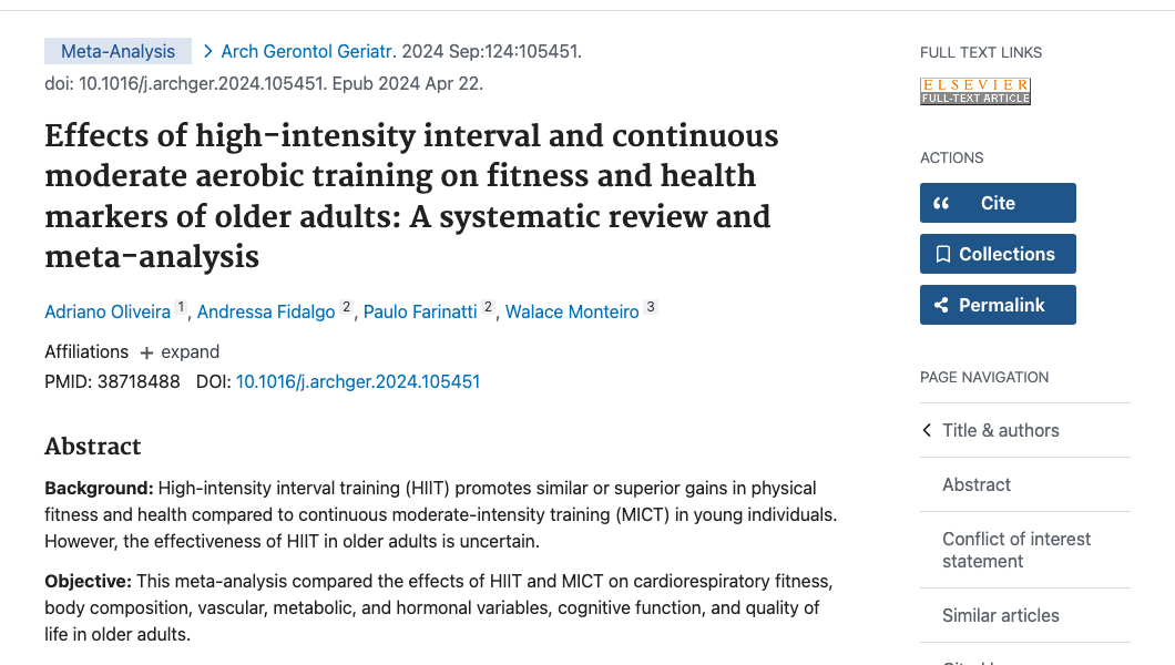 Title and abstract of Effects of high-intensity interval and continuous moderate aerobic training on fitness and health markers of older adults: A systematic review and meta-analysis.