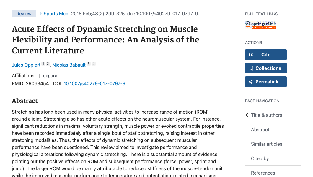 Title and abstract of Acute Effects of Dynamic Stretching on Muscle Flexibility and Performance: An Analysis of the Current Literature