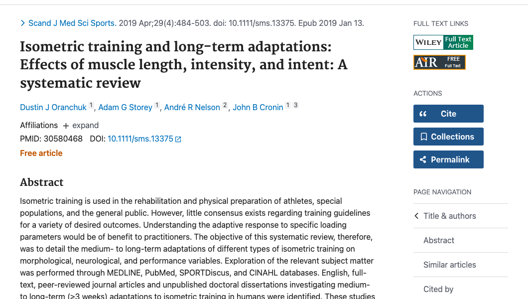 Title and abstract of Isometric training and long-term adaptations: Effects of muscle length, intensity, and intent: A systematic review.