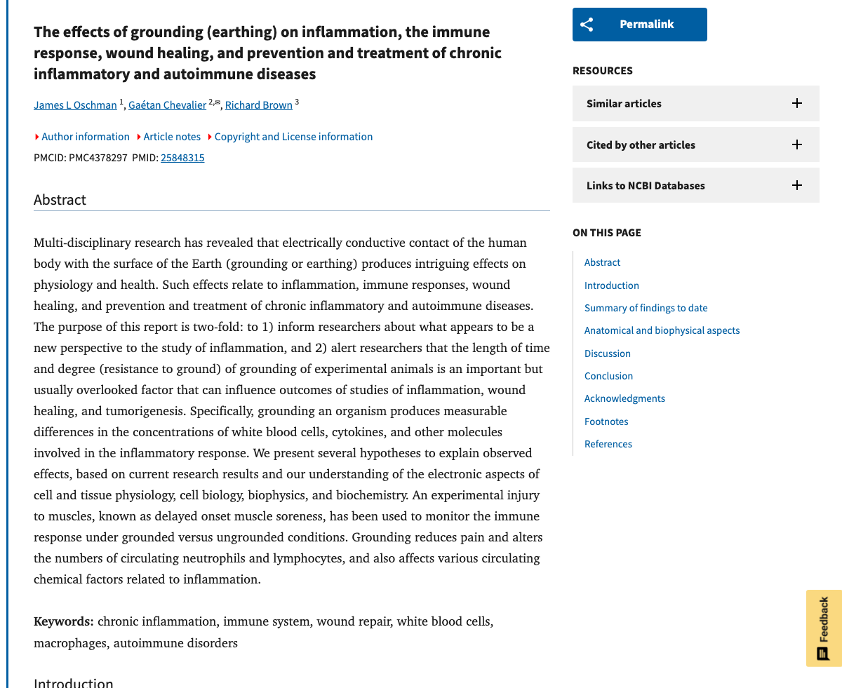 Title and abstract of The effects of grounding (earthing) on inflammation, the immune response, wound healing, and prevention and treatment of chronic inflammatory and autoimmune diseases