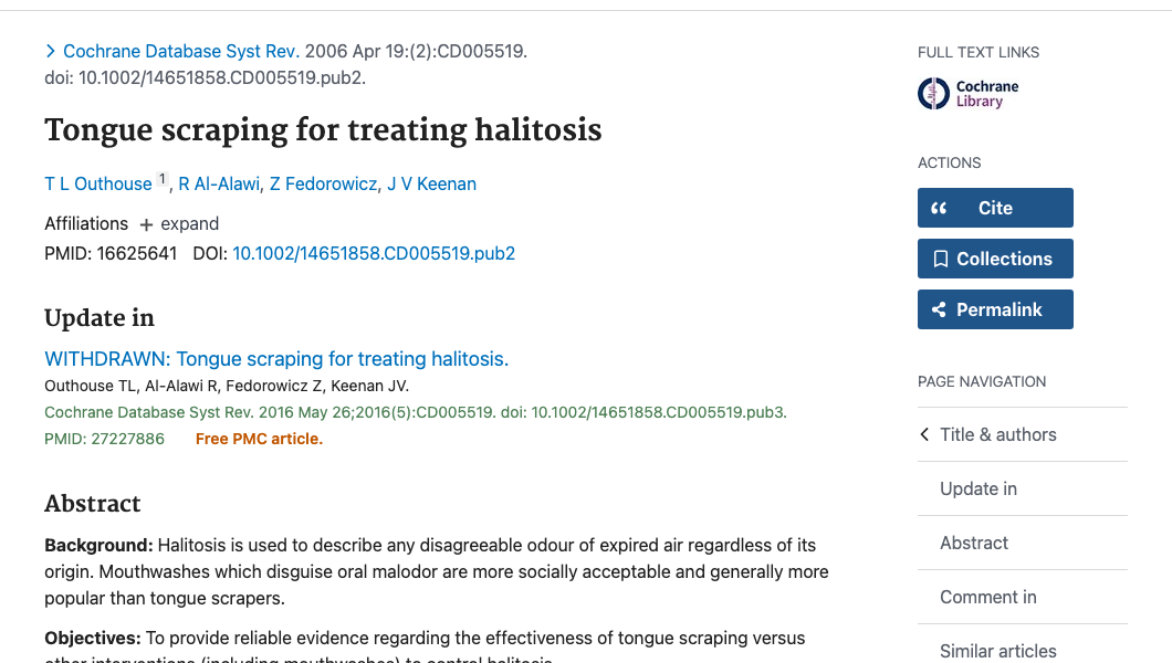 Title and abstract of Tongue scraping for treating halitosis.