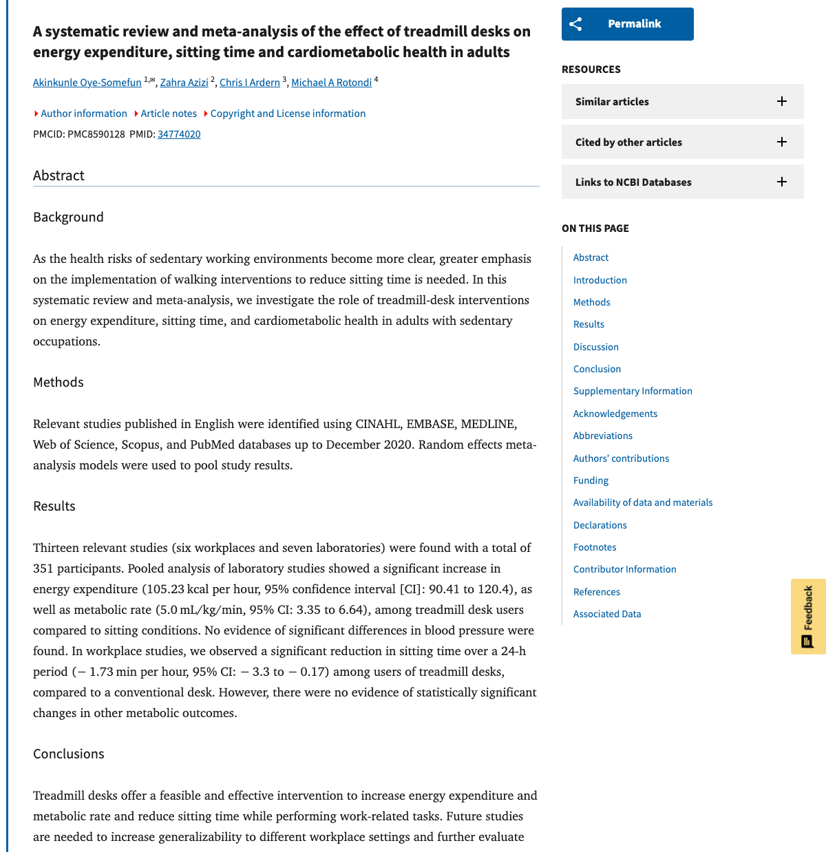 Title and abstract of A systematic review and meta-analysis of the effect of treadmill desks on energy expenditure, sitting time and cardiometabolic health in adults.