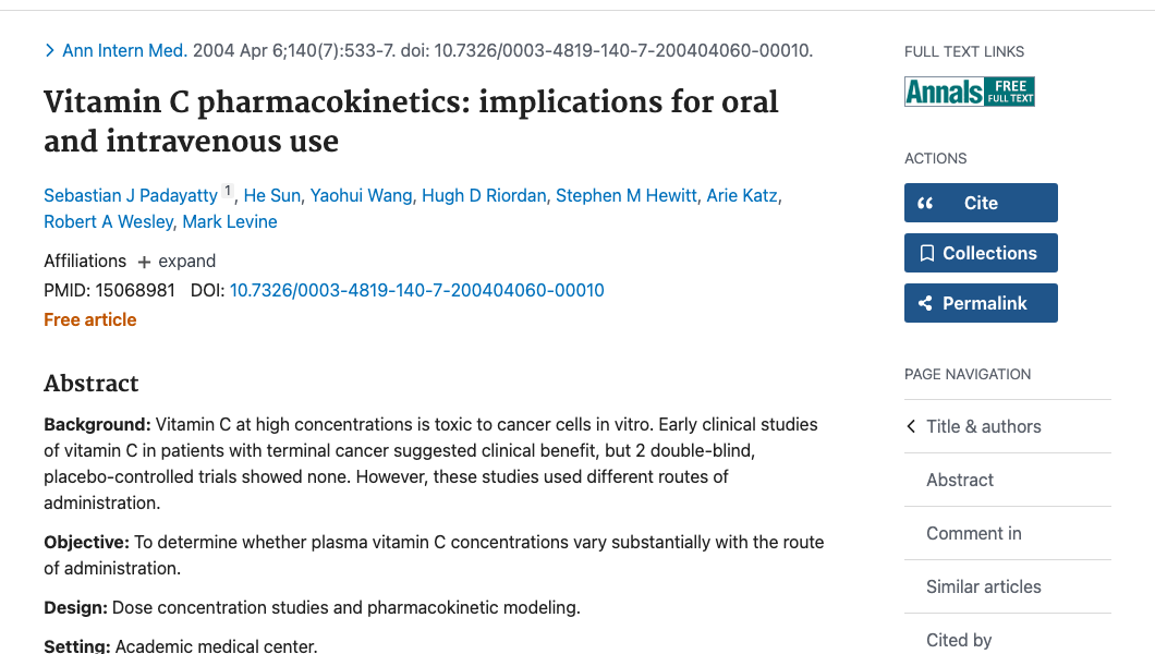 Title and abstract of Vitamin C pharmacokinetics: implications for oral and intravenous use