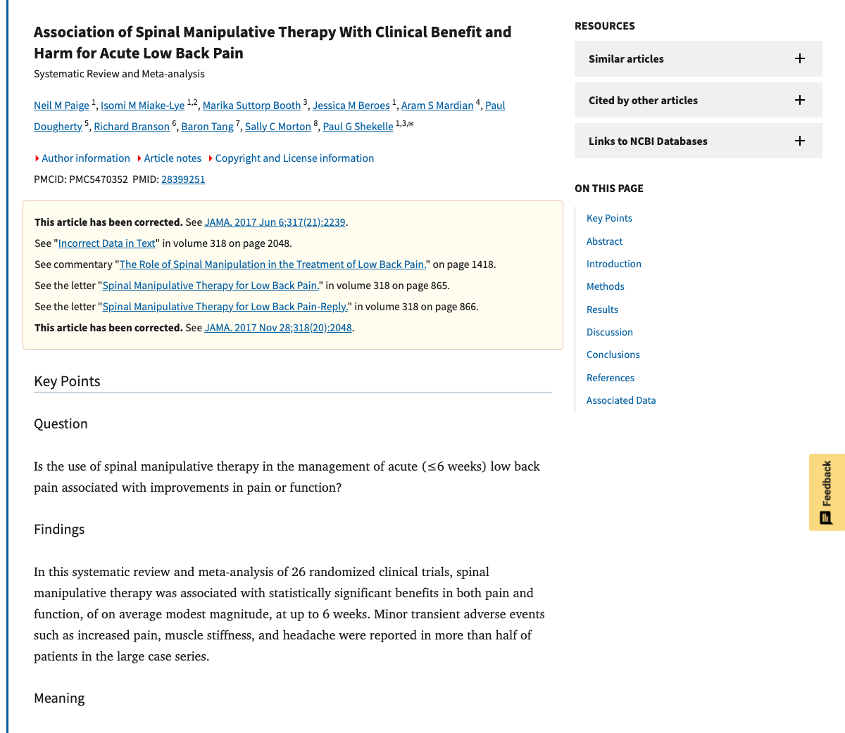 Title and abstract of Association of Spinal Manipulative Therapy With Clinical Benefit and Harm for Acute Low Back Pain: Systematic Review and Meta-analysis.
