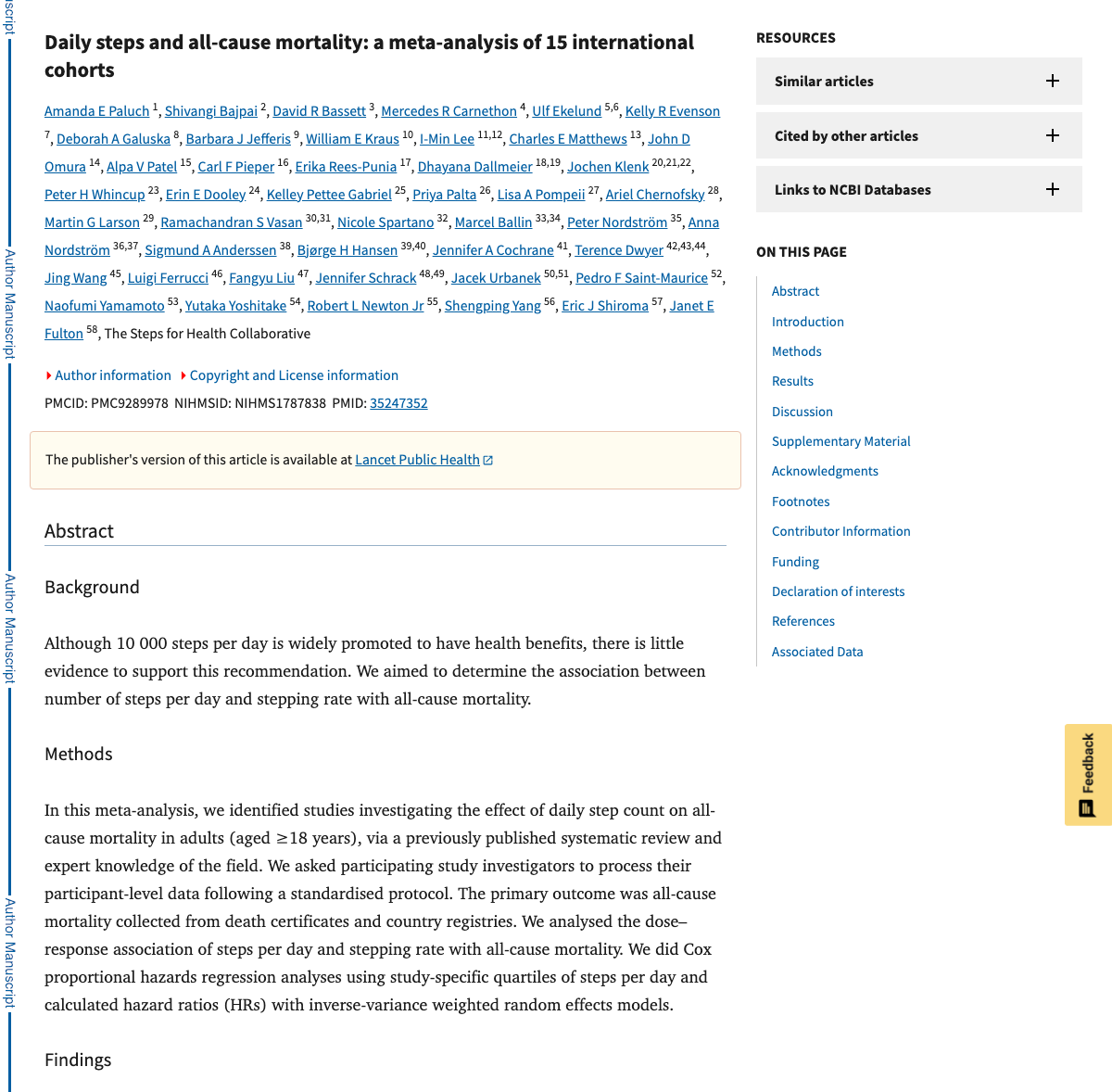 Title and abstract of Daily steps and all-cause mortality: a meta-analysis of 15 international cohorts