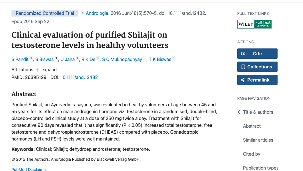 Title and abstract of Clinical evaluation of purified Shilajit on testosterone levels in healthy volunteers