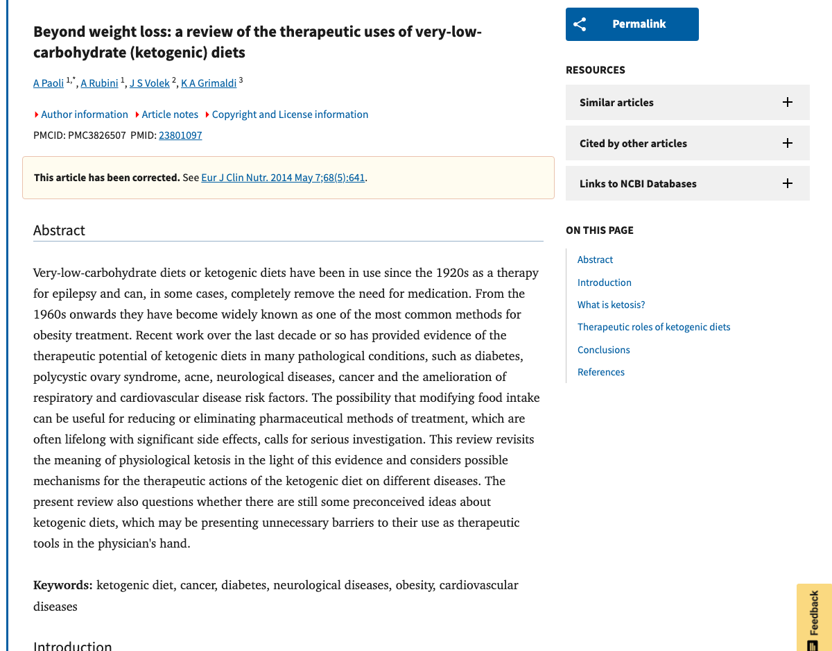 Title and abstract of Beyond Weight Loss: A Review of the Therapeutic Uses of Very-Low-Carbohydrate (Ketogenic) Diets
