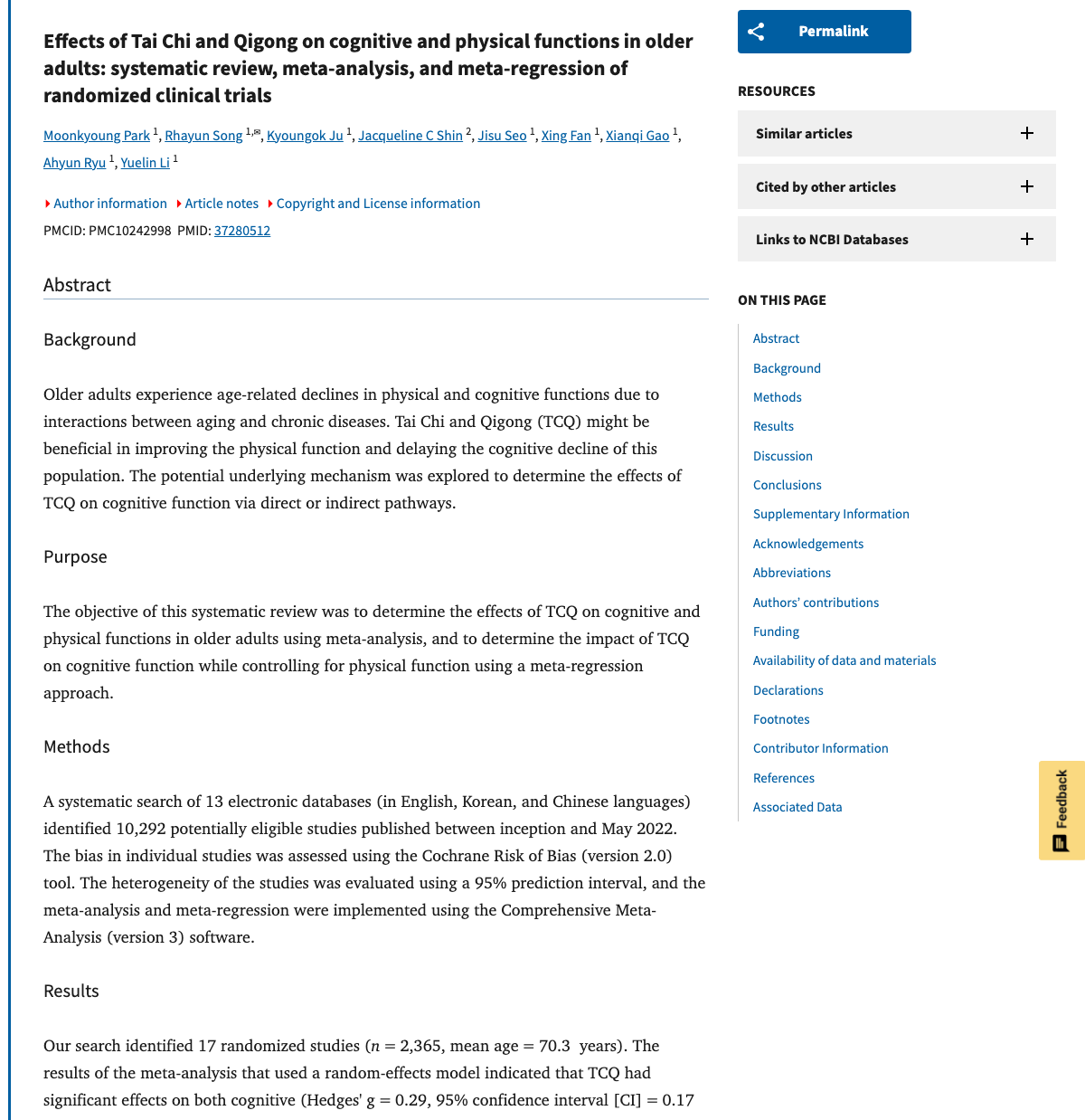 Title and abstract of Effects of Tai Chi and Qigong on cognitive and physical functions in older adults: systematic review, meta-analysis, and meta-regression of randomized clinical trials.