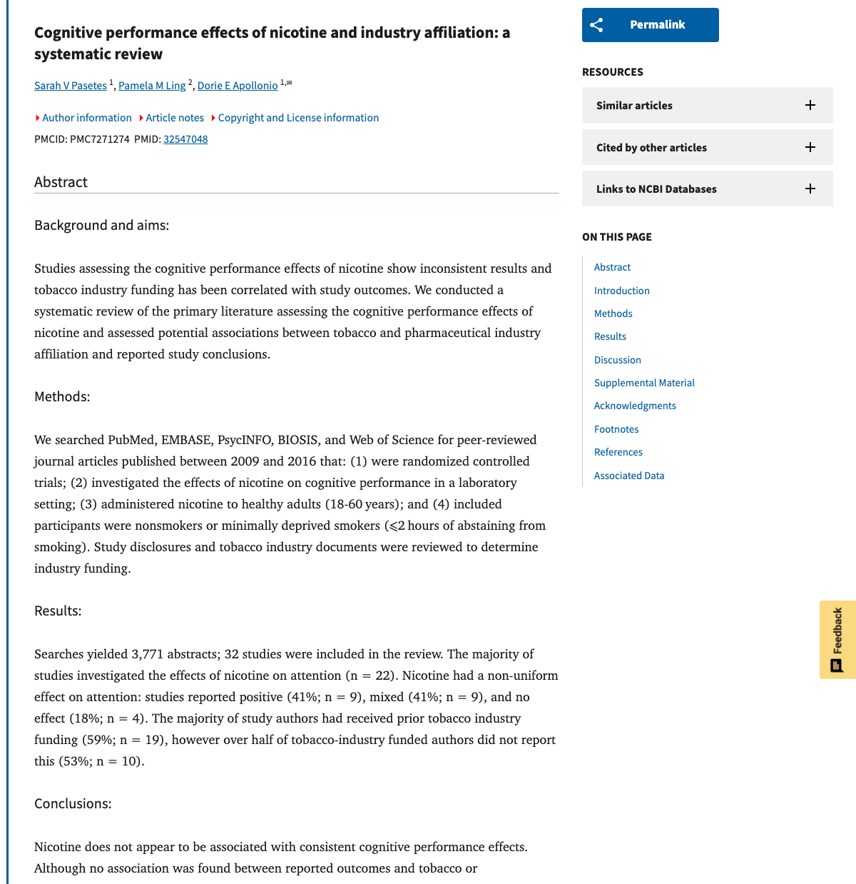 Title and abstract of Cognitive performance effects of nicotine and industry affiliation: a systematic review.