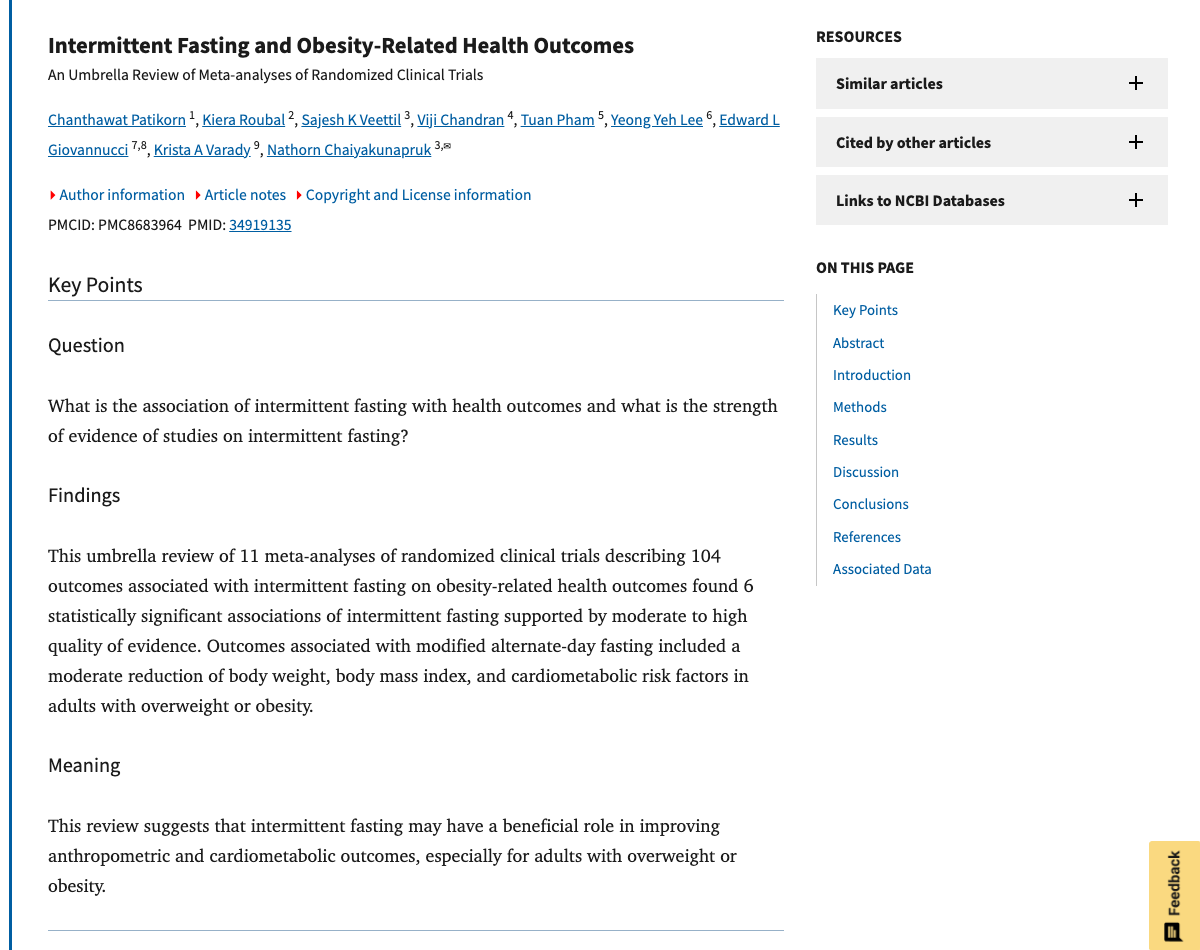 Title and abstract of Intermittent Fasting and Obesity-Related Health Outcomes: An Umbrella Review of Meta-analyses of Randomized Clinical Trials.