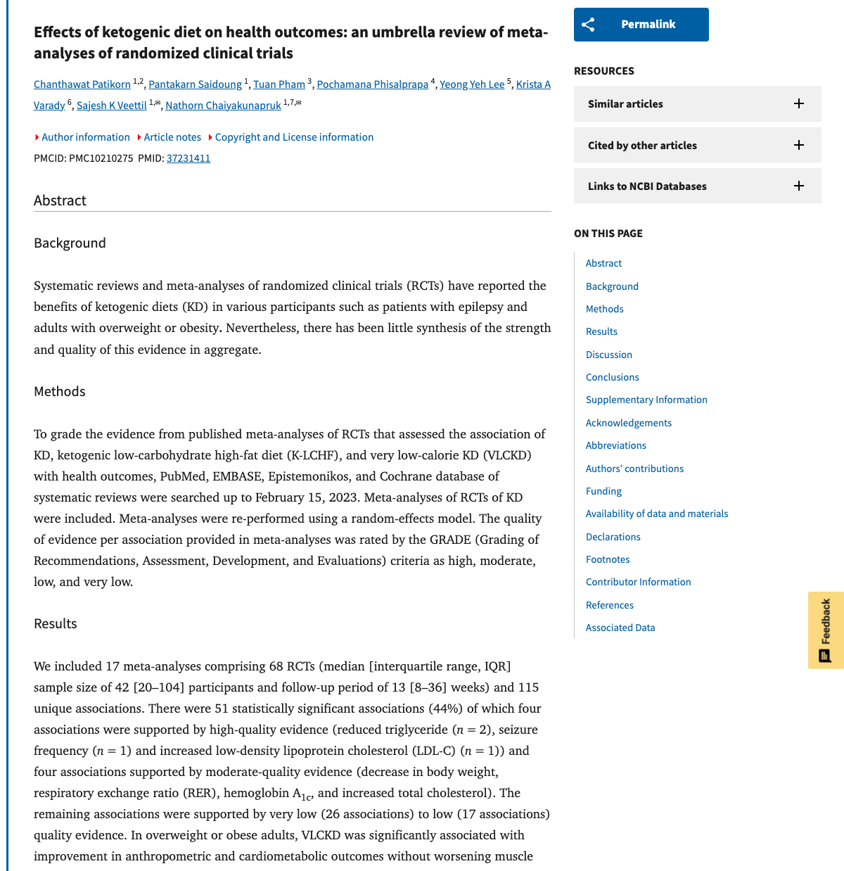 Title and abstract of Effects of ketogenic diet on health outcomes: an umbrella review of meta-analyses of randomized clinical trials.