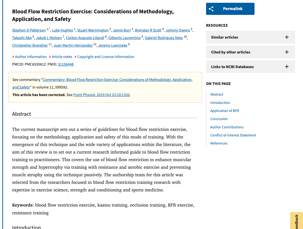 Title and abstract of Blood Flow Restriction Exercise: Considerations of Methodology, Application, and Safety