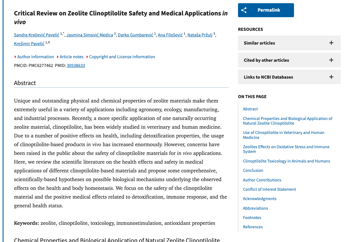 Title and abstract of Critical review on zeolite clinoptilolite safety and medical applications in vivo