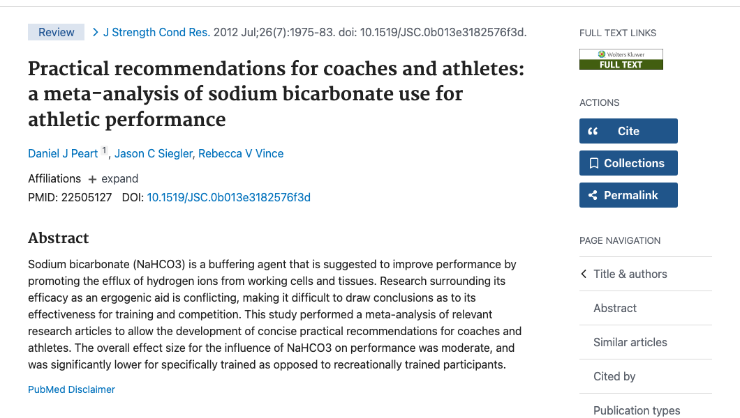Title and abstract of Practical recommendations for coaches and athletes: a meta-analysis of sodium bicarbonate use for athletic performance