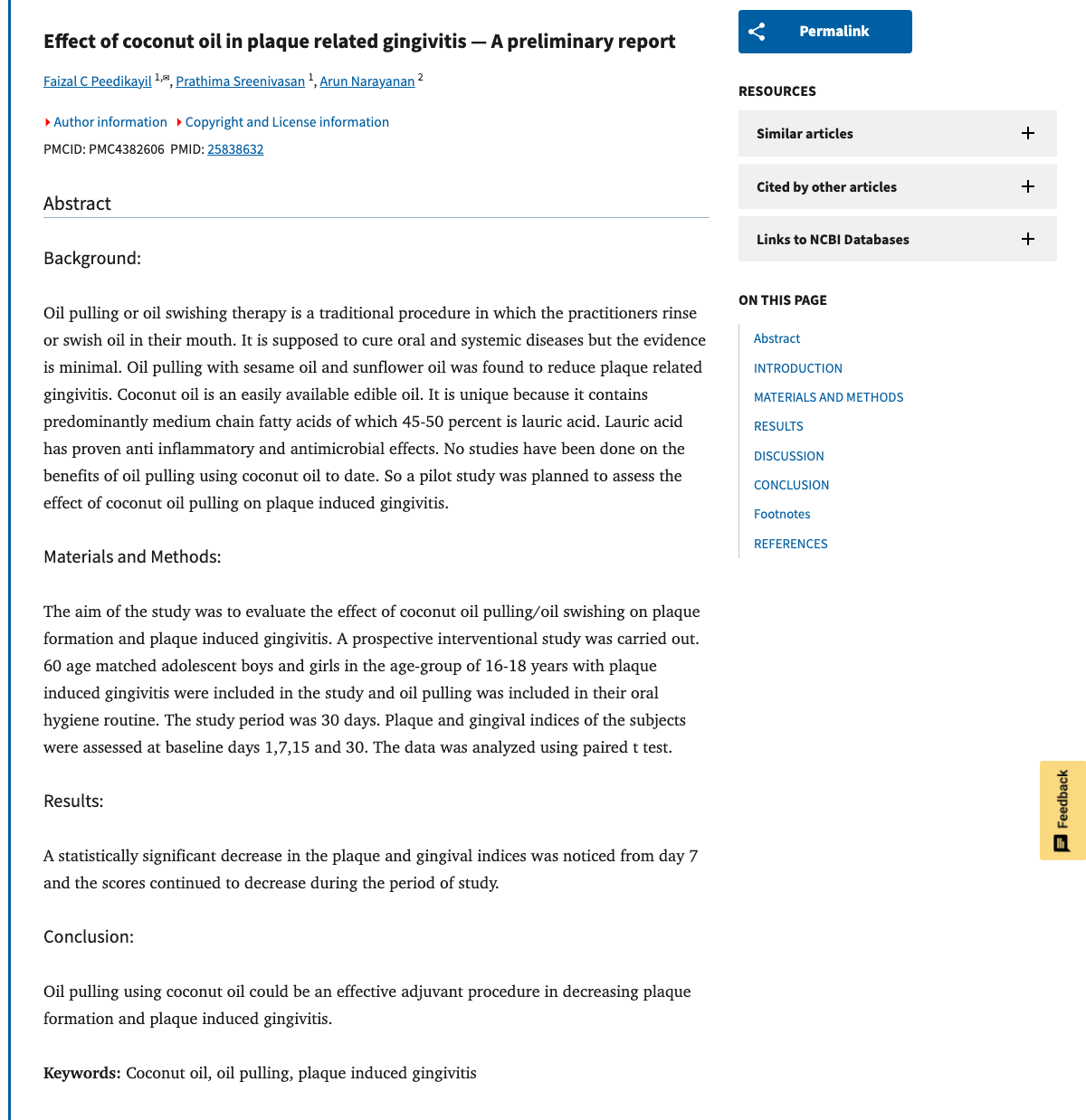 Title and abstract of Effect of coconut oil in plaque related gingivitis - A preliminary report