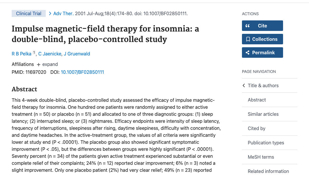 Title and abstract of Impulse magnetic-field therapy for insomnia: a double-blind, placebo-controlled study