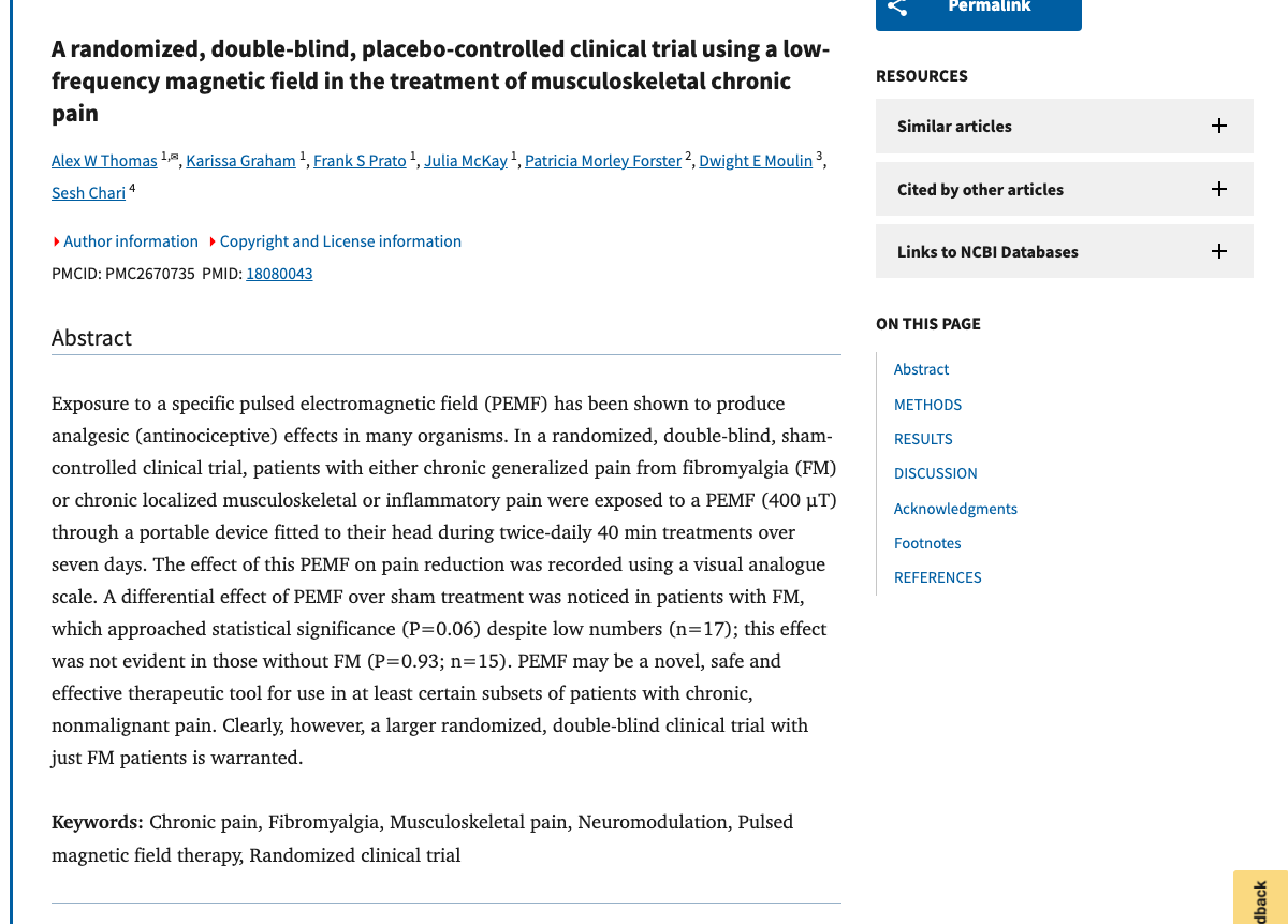 Title and abstract of A randomized, double-blind, placebo-controlled clinical trial using a low-frequency magnetic field in the treatment of musculoskeletal chronic pain
