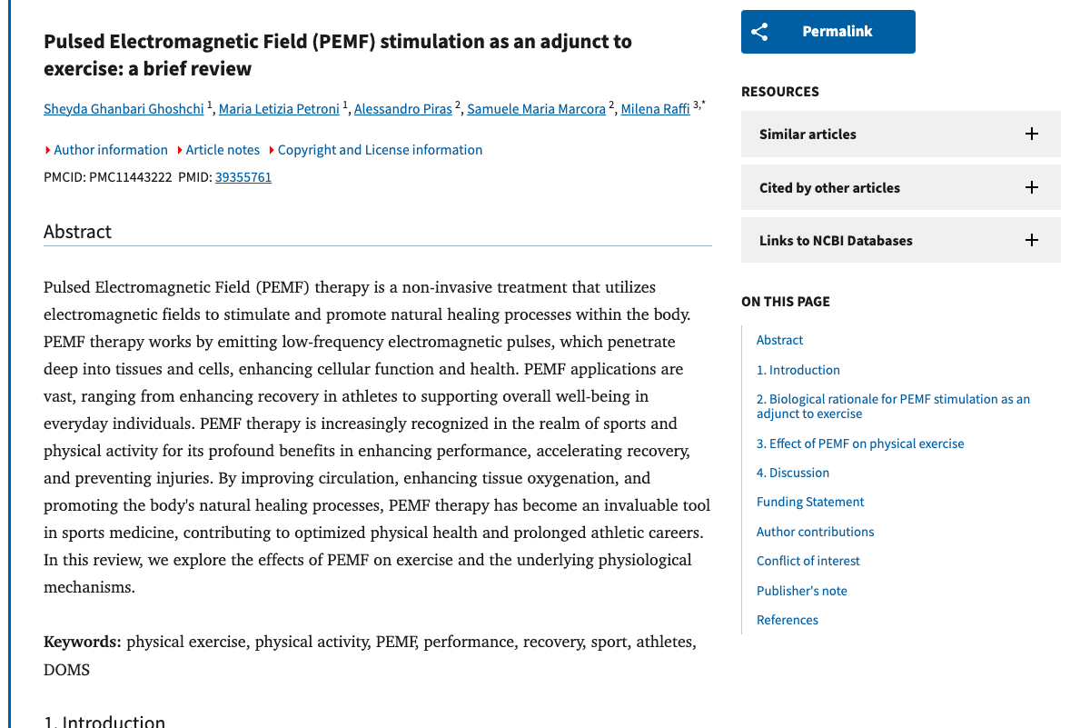 Title and abstract of Pulsed Electromagnetic Field (PEMF) stimulation as an adjunct to exercise: a brief review