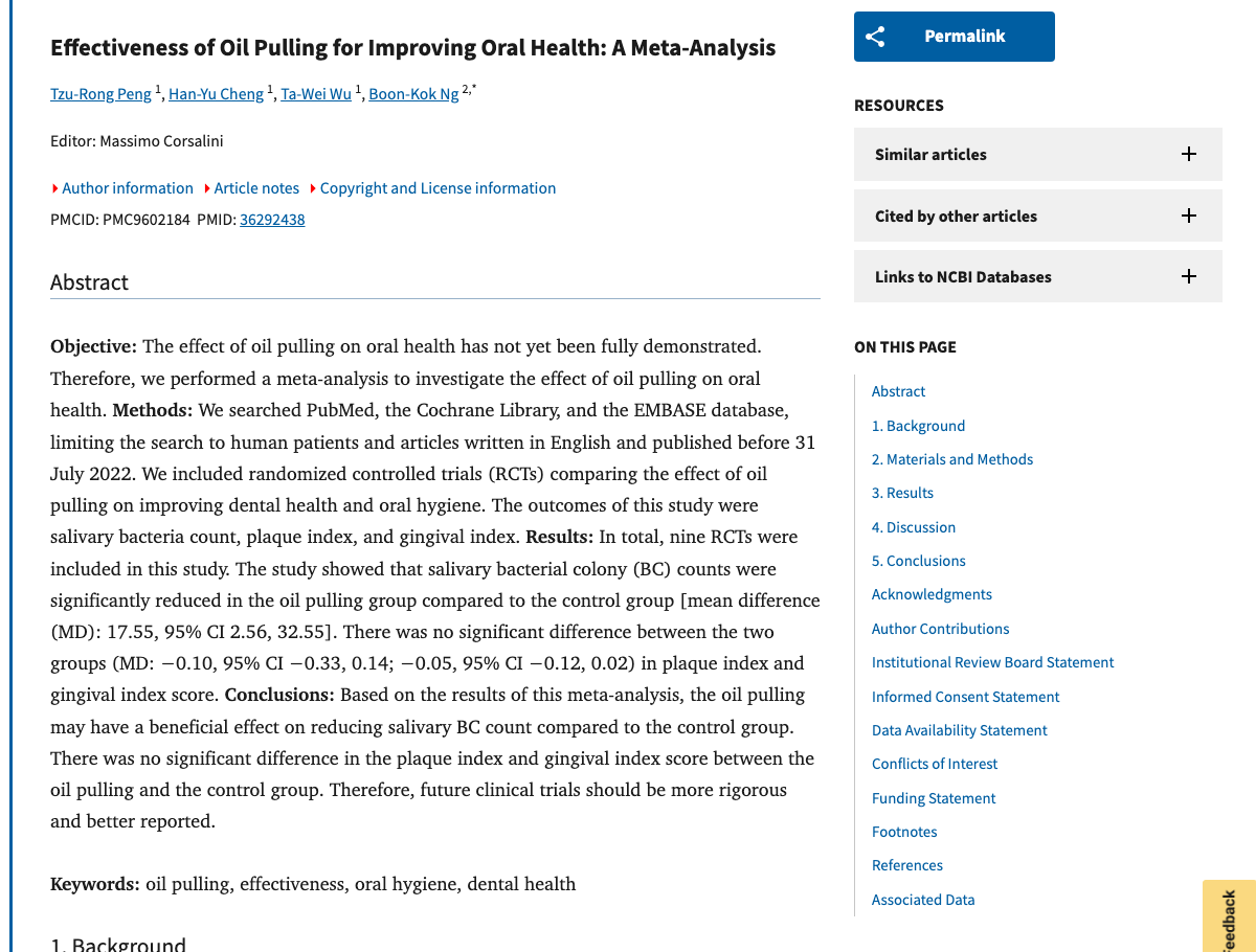 Title and abstract of Effectiveness of Oil Pulling for Improving Oral Health: A Meta-Analysis.