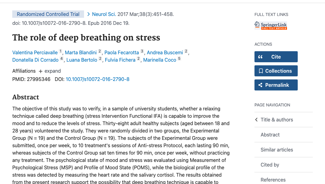 Title and abstract of The role of deep breathing on stress
