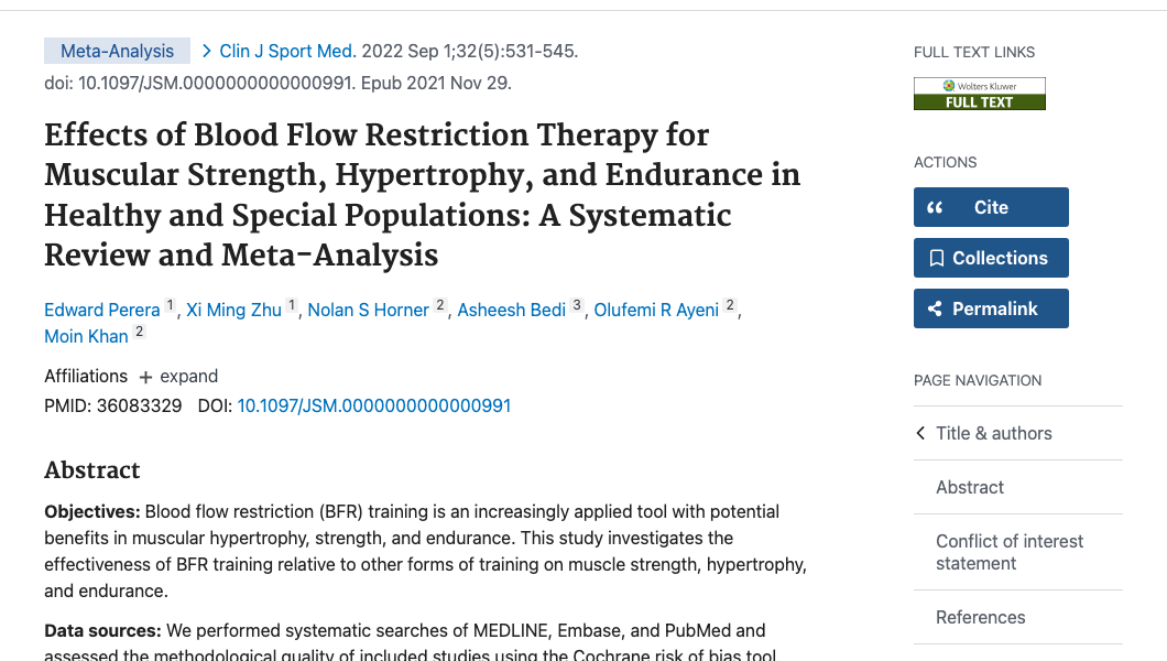 Title and abstract of Effects of Blood Flow Restriction Therapy for Muscular Strength, Hypertrophy, and Endurance in Healthy and Special Populations: A Systematic Review and Meta-Analysis.