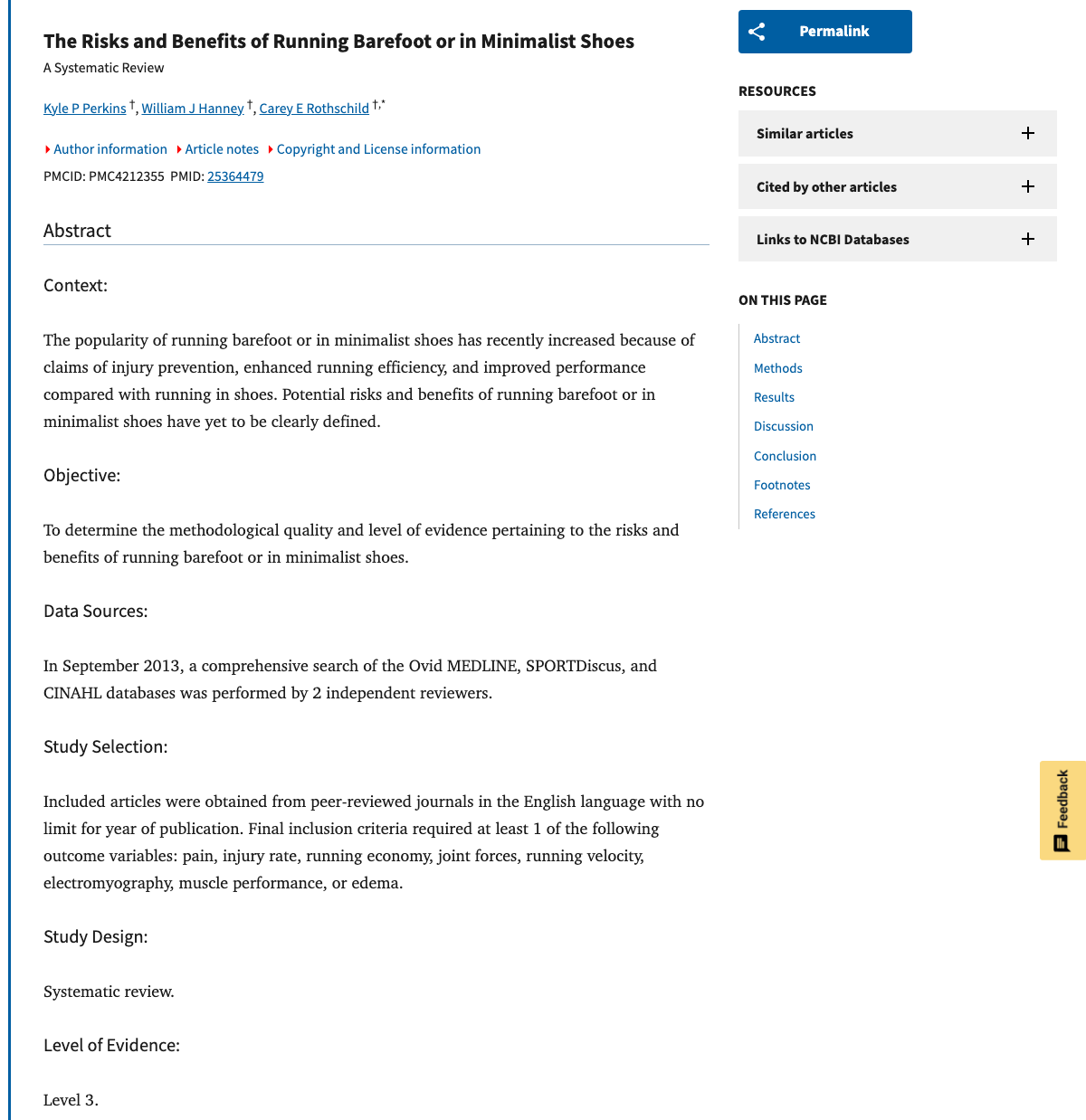 Title and abstract of The risks and benefits of running barefoot or in minimalist shoes: a systematic review.