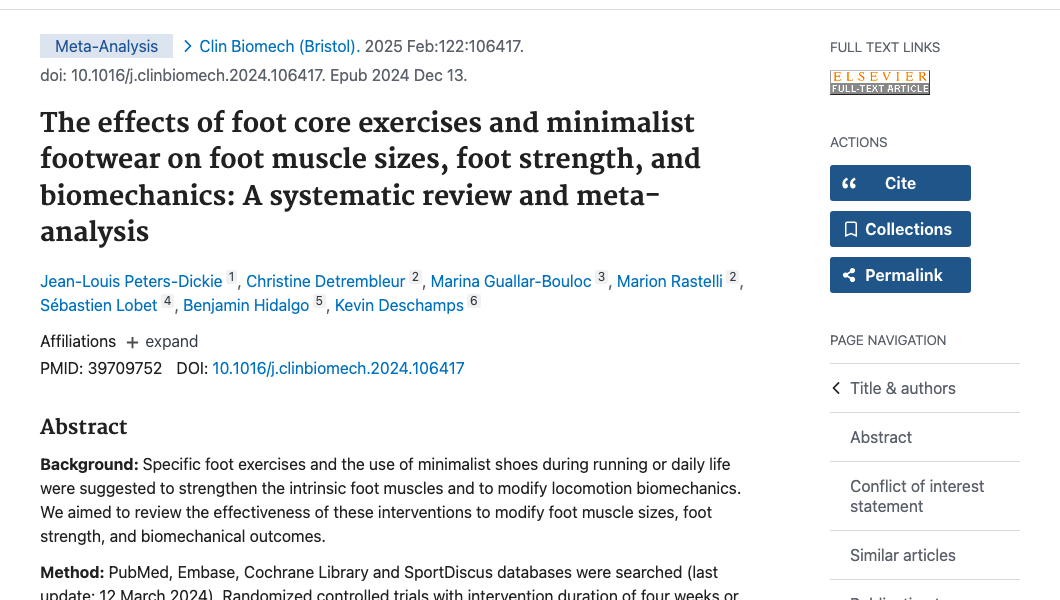 Title and abstract of The effects of foot core exercises and minimalist footwear on foot muscle sizes, foot strength, and biomechanics: A systematic review and meta-analysis.
