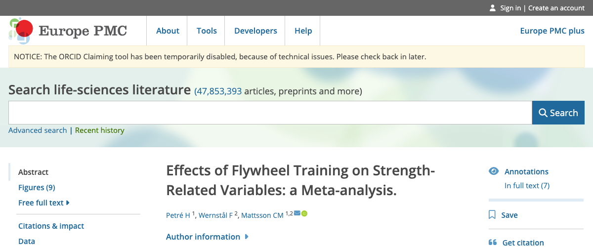 Title and abstract of Effects of Flywheel Training on Strength-Related Variables: a Meta-analysis.