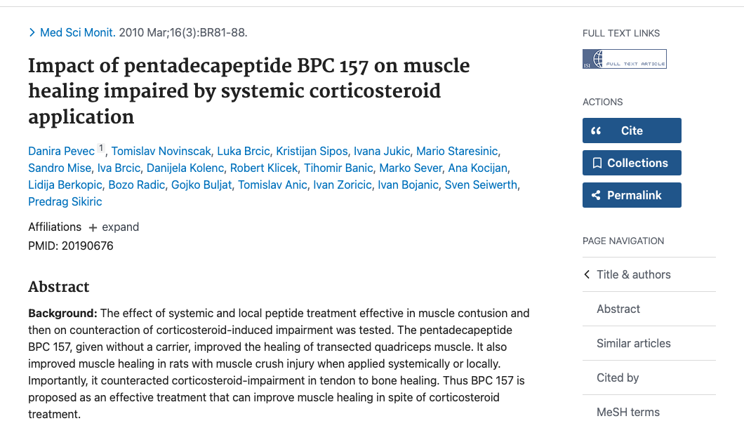 Title and abstract of Impact of pentadecapeptide BPC 157 on muscle healing impaired by systemic corticosteroid application