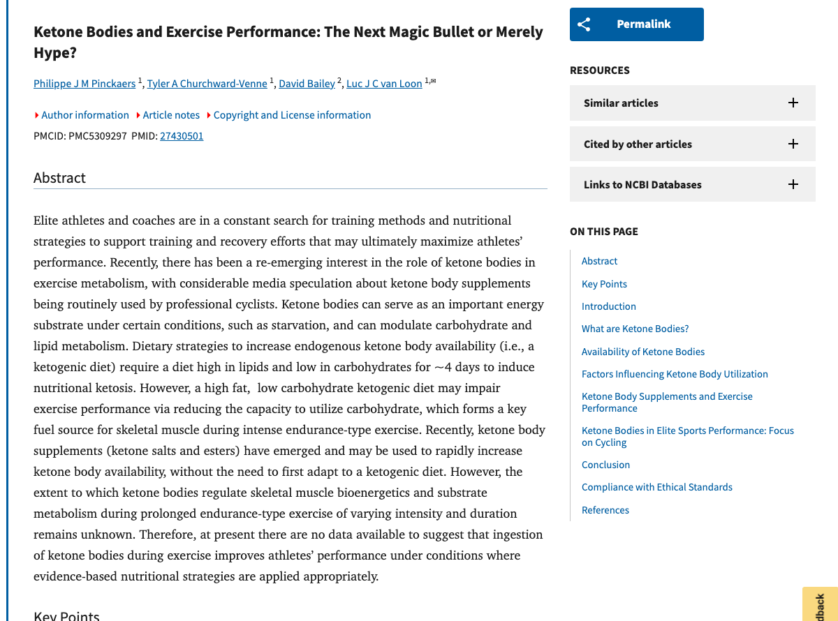 Title and abstract of Ketone Bodies and Exercise Performance: The Next Magic Bullet or Merely Hype?