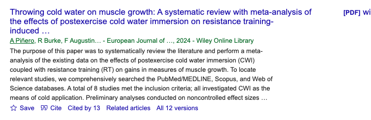 Title and abstract of Throwing cold water on muscle growth - effects of postexercise cold water immersion on resistance training-induced hypertrophy