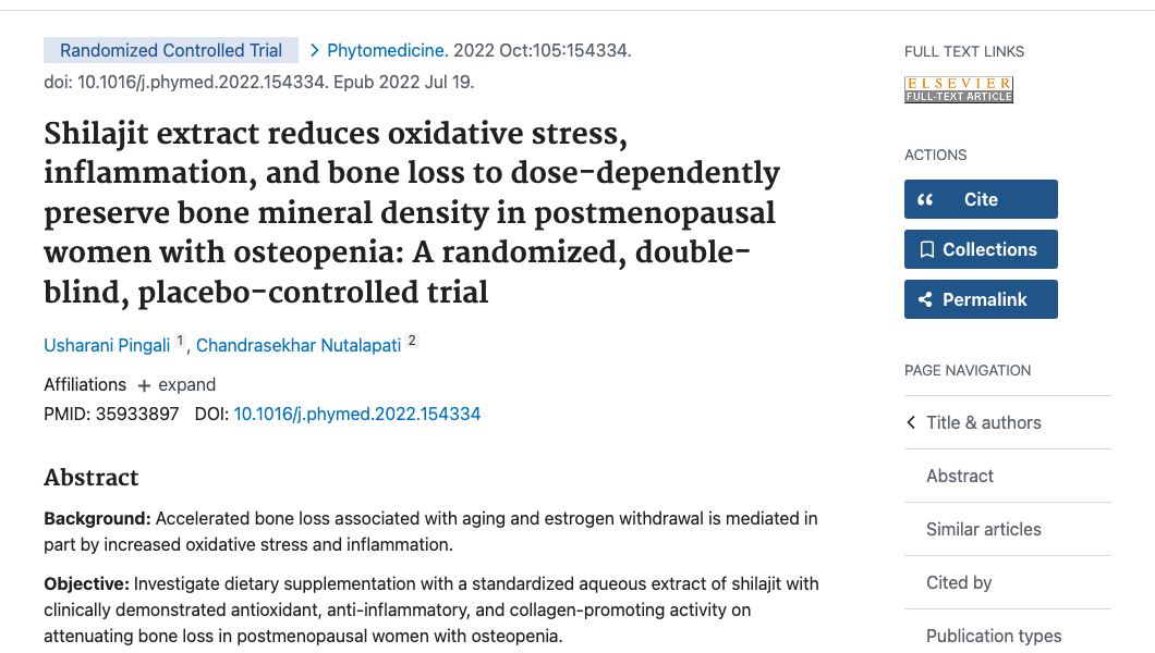 Title and abstract of Shilajit extract reduces oxidative stress, inflammation, and bone loss to dose-dependently preserve bone mineral density in postmenopausal women with osteopenia: A randomized, double-blind, placebo-controlled trial.