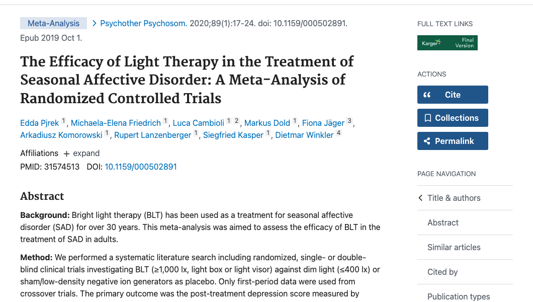 Title and abstract of The Efficacy of Light Therapy in the Treatment of Seasonal Affective Disorder: A Meta-Analysis of Randomized Controlled Trials.