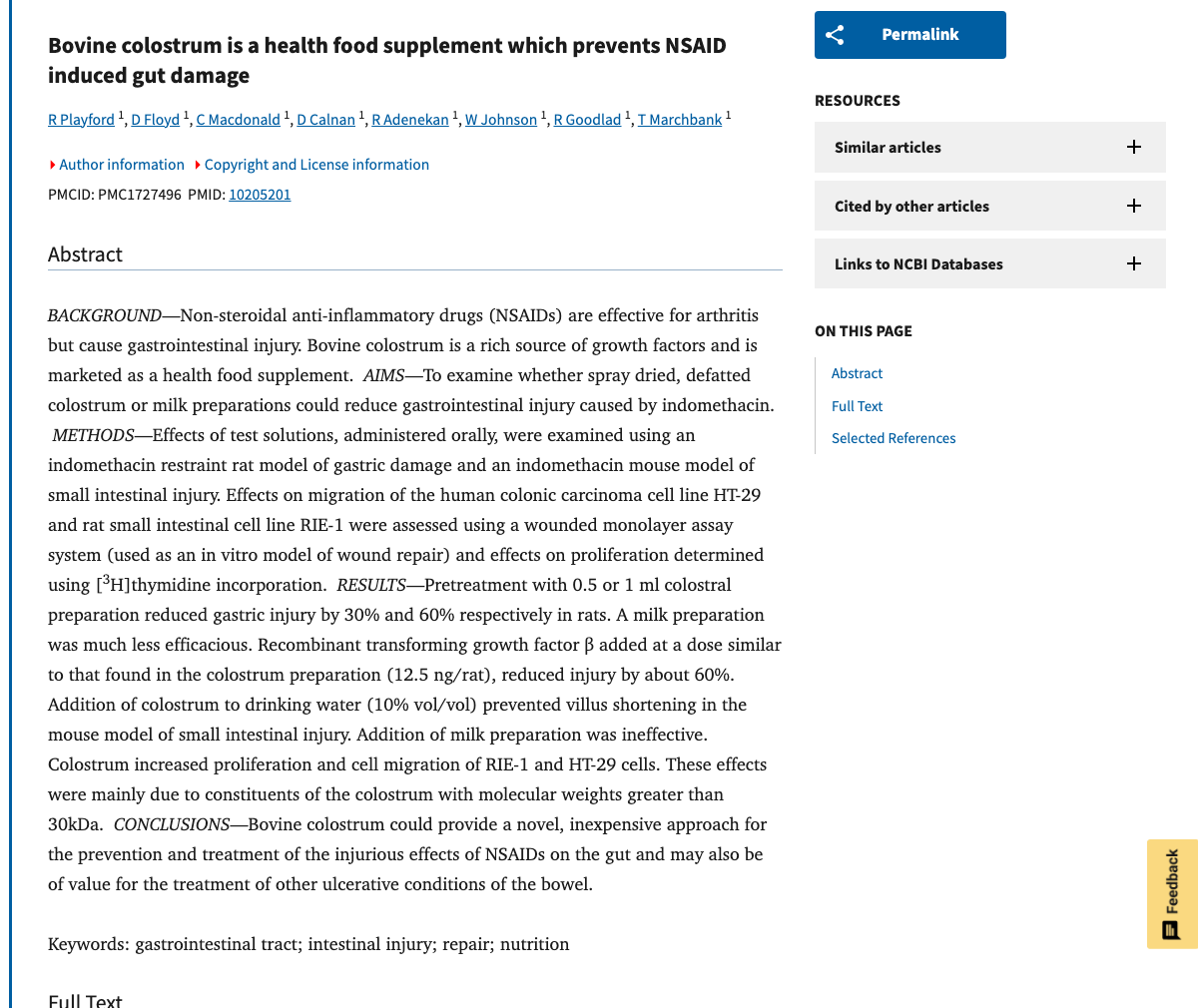 Title and abstract of Bovine colostrum is a health food supplement which prevents NSAID induced gut damage