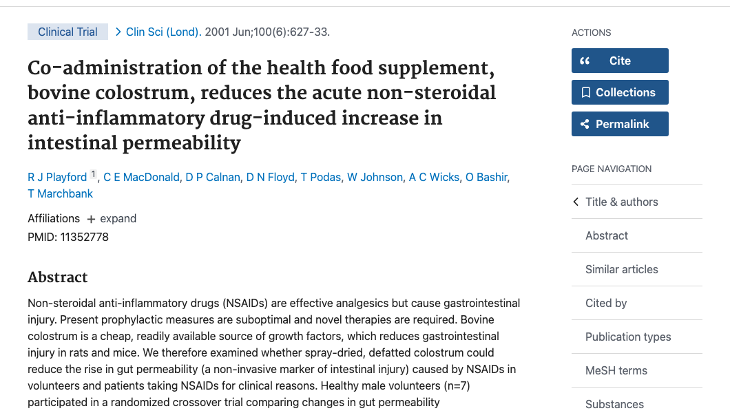 Title and abstract of Co-administration of the health food supplement, bovine colostrum, reduces the acute non-steroidal anti-inflammatory drug-induced increase in intestinal permeability