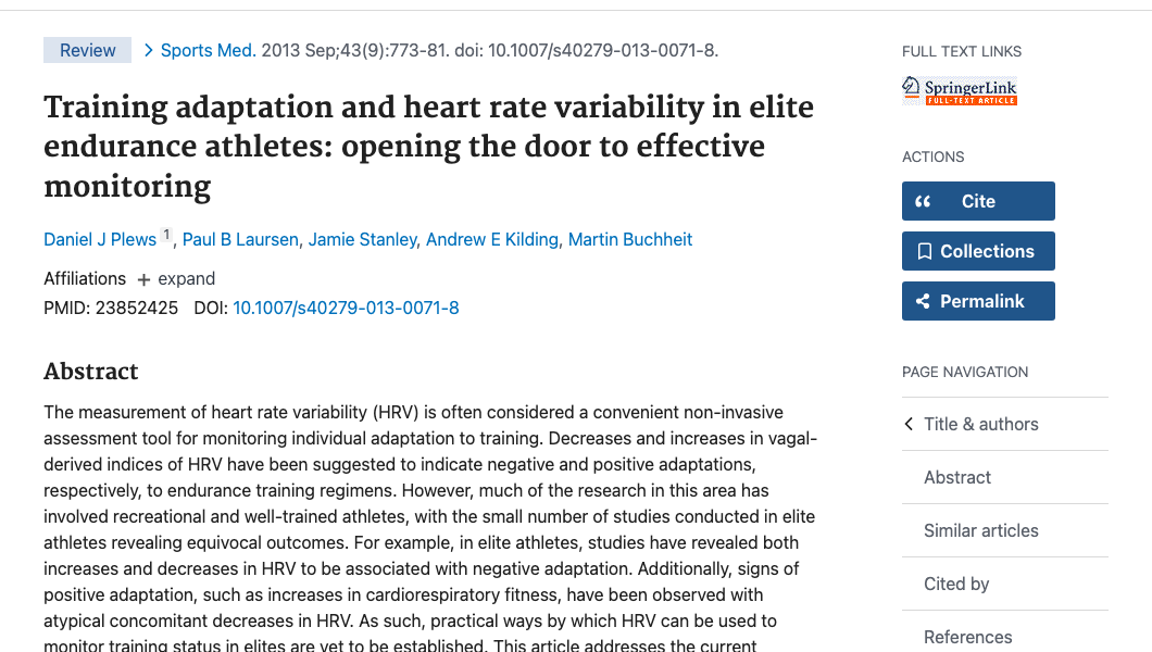 Title and abstract of Training Adaptation and Heart Rate Variability in Elite Endurance Athletes
