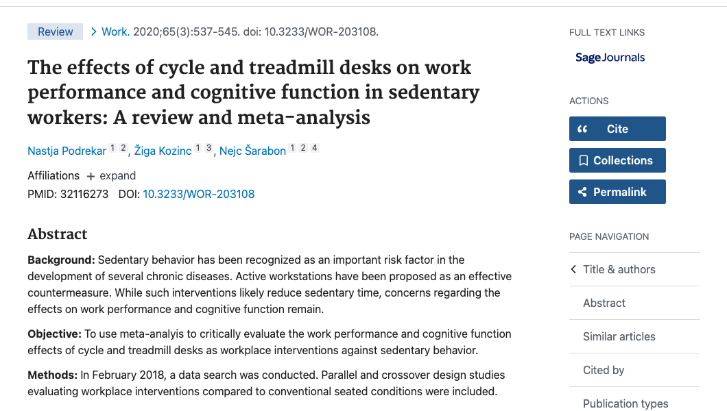 Title and abstract of The effects of cycle and treadmill desks on work performance and cognitive function in sedentary workers: A review and meta-analysis.