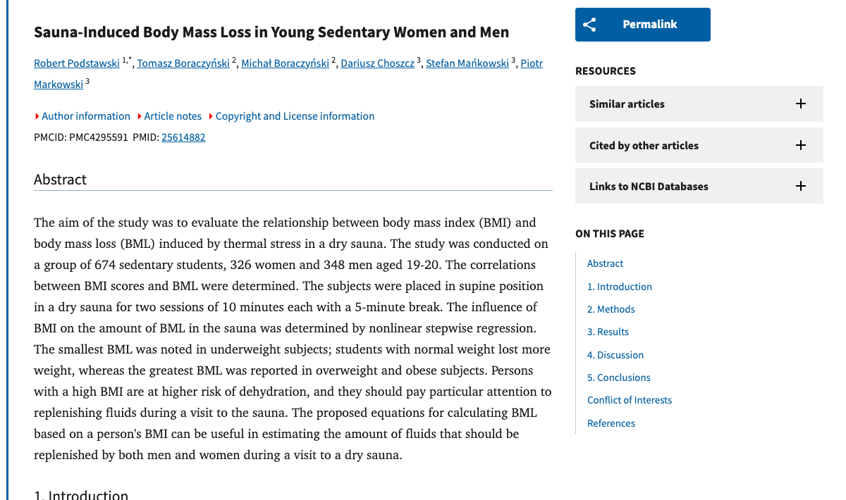 Title and abstract of Sauna-Induced Body Mass Loss in Young Sedentary Women and Men